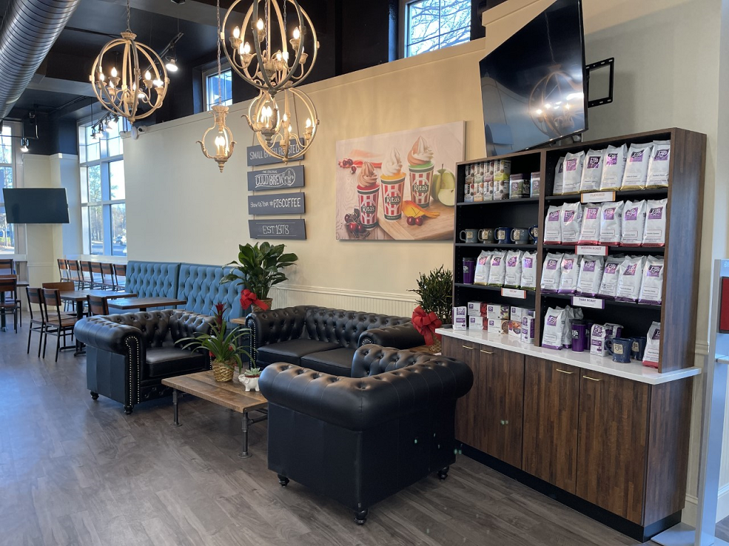 Seating area inside of a PJ's Coffee Franchise location